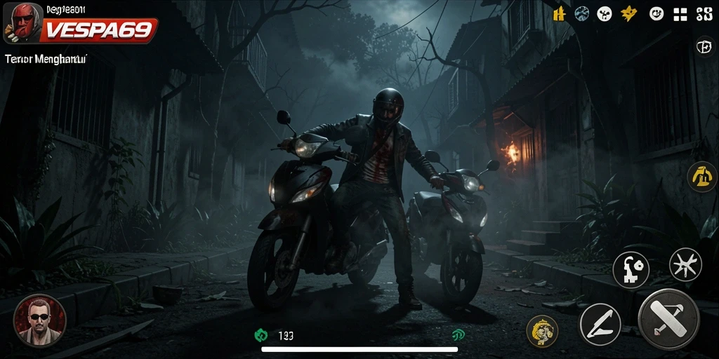Tampilan gameplay VESPA69 dengan suasana menyeramkan dan hantu yang menghantui.